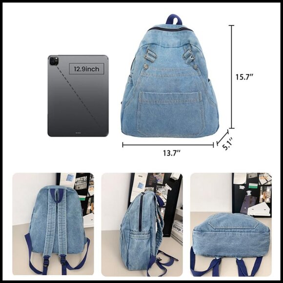 Denim Canvas Backpack Casual Daypack Lightweight Rucksack Y2K Grunge Aesthetic main image 4